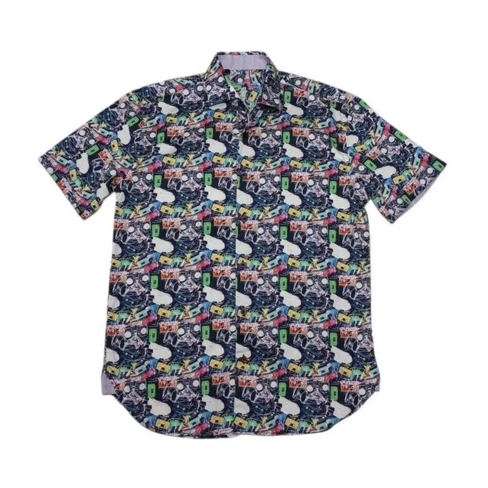 Visconti Black Men's Small Shirt All Over Mixtapes Button Up Short Sleeve‎